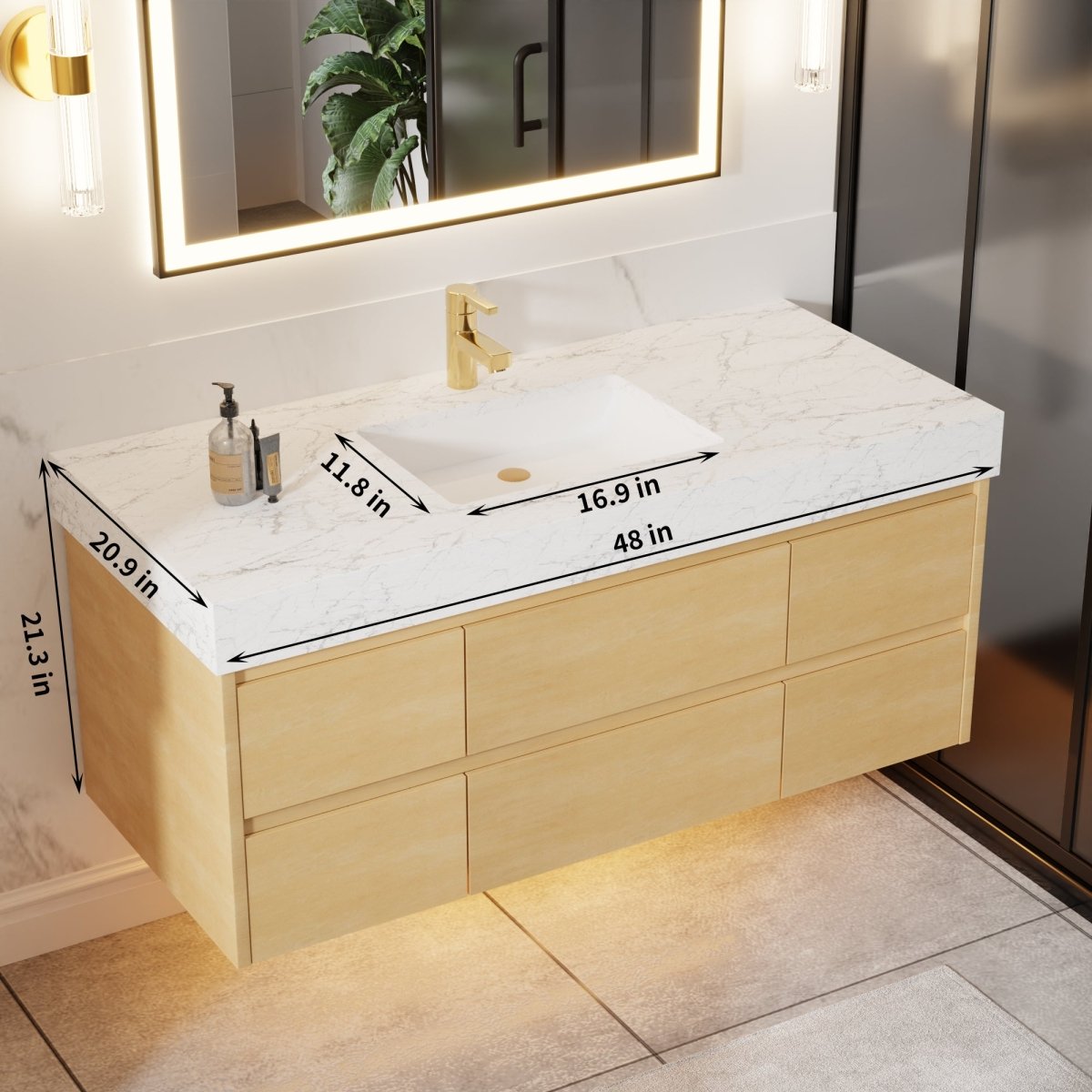 Sleek 48" Modern Floating Maple wood Bathroom Vanity Cabinet with with Lights and Stone Slab Countertop