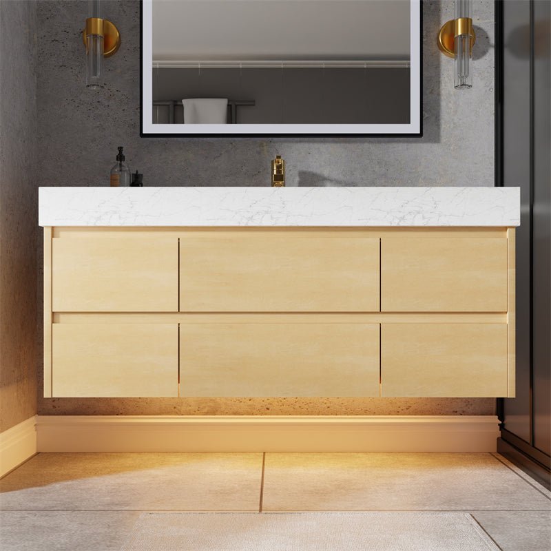 Sleek 48" Modern Floating Maple wood Bathroom Vanity Cabinet with with Lights and Stone Slab Countertop