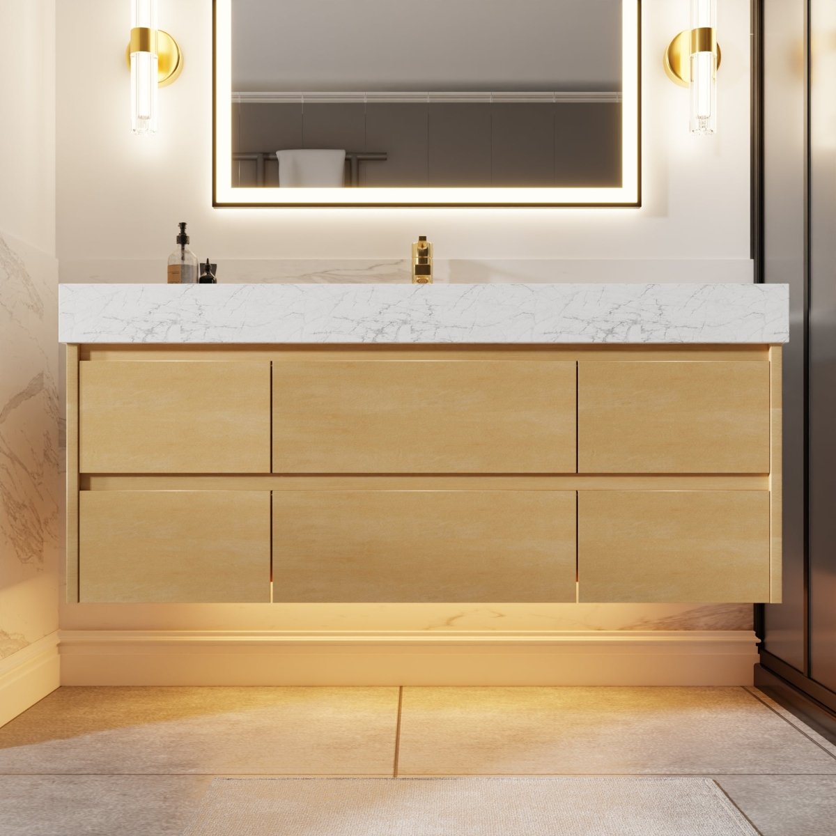 Sleek 48" Modern Floating Maple wood Bathroom Vanity Cabinet with with Lights and Stone Slab Countertop