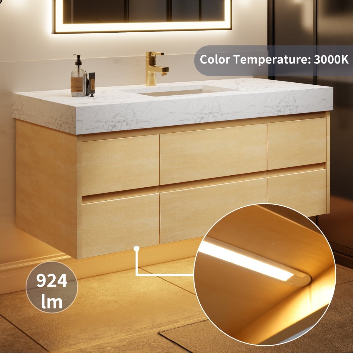 Sleek 48" Modern Floating Maple wood Bathroom Vanity Cabinet with with Lights and Stone Slab Countertop