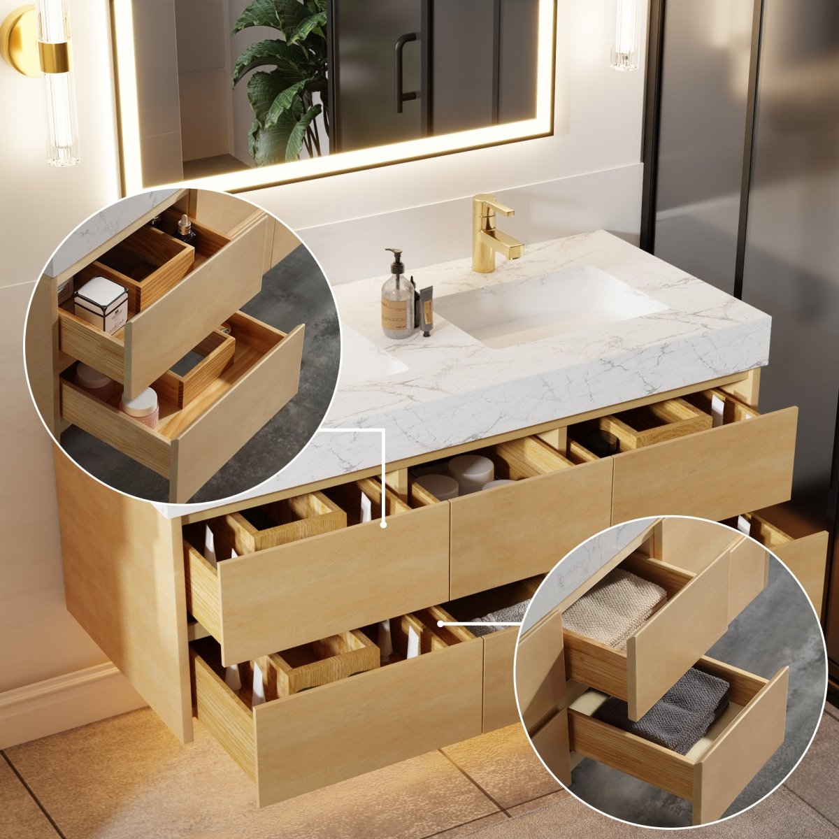 Sleek 48" Modern Floating Maple wood Bathroom Vanity Cabinet with with Lights and Stone Slab Countertop, Dual Sinks