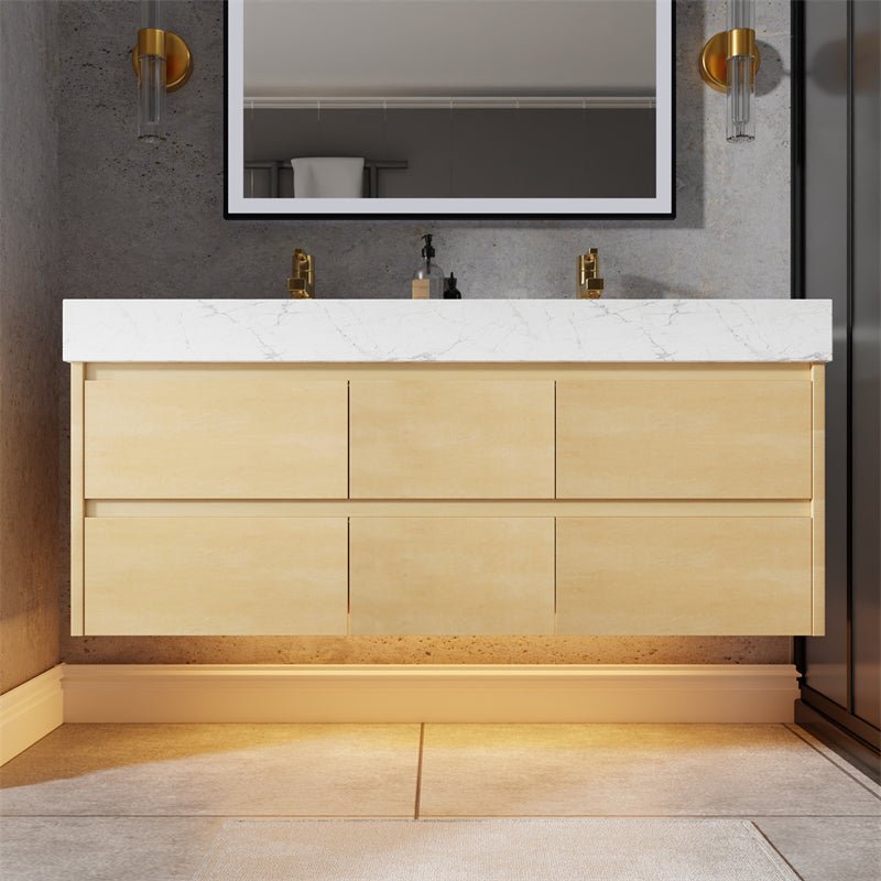 Sleek 48" Modern Floating Maple wood Bathroom Vanity Cabinet with with Lights and Stone Slab Countertop, Dual Sinks