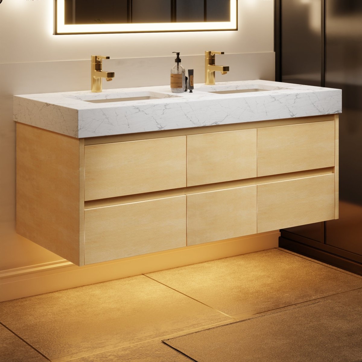 Sleek 48" Modern Floating Maple wood Bathroom Vanity Cabinet with with Lights and Stone Slab Countertop, Dual Sinks