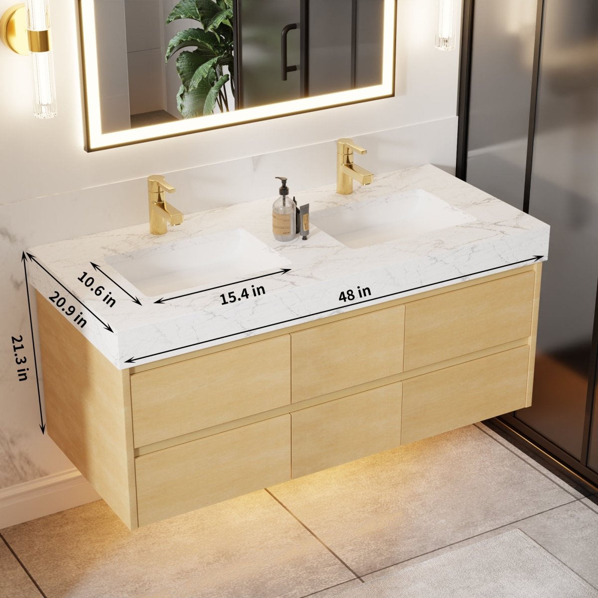 Sleek 48" Modern Floating Maple wood Bathroom Vanity Cabinet with with Lights and Stone Slab Countertop, Dual Sinks