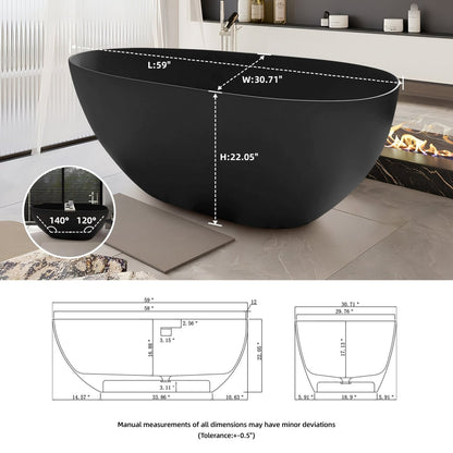 TranquiStone 30" x 59" 1500mm Small Size Solid Surface Stone Bathroom Freestand Bathtub Matte Black