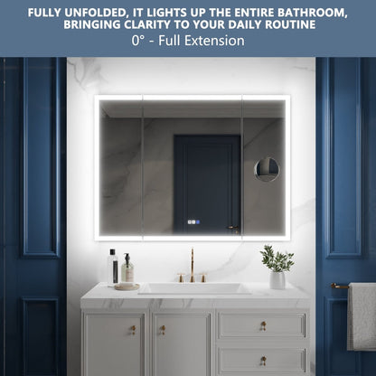 TriFold 60" W x 36" H LED Lighted Tri - Fold Bathroom Mirror, Front & Back Lighting, with Movable 10X Magnifying Mirror