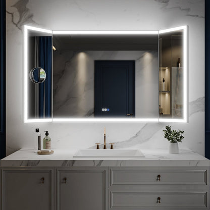 TriFold 66" W x 36" H LED Lighted Tri - Fold Bathroom Mirror, Front & Back Lighting, with Movable 10X Magnifying Mirror