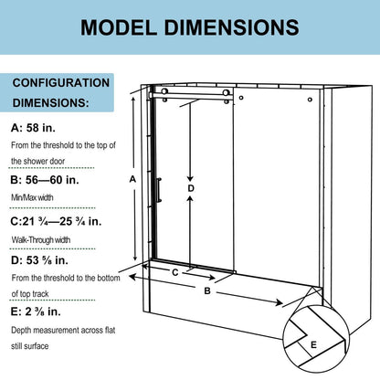 Zephyr 54 - 60 in. W x 58 in. H Sliding Semi Frameless Tub Door in Chrome with Clear Glass