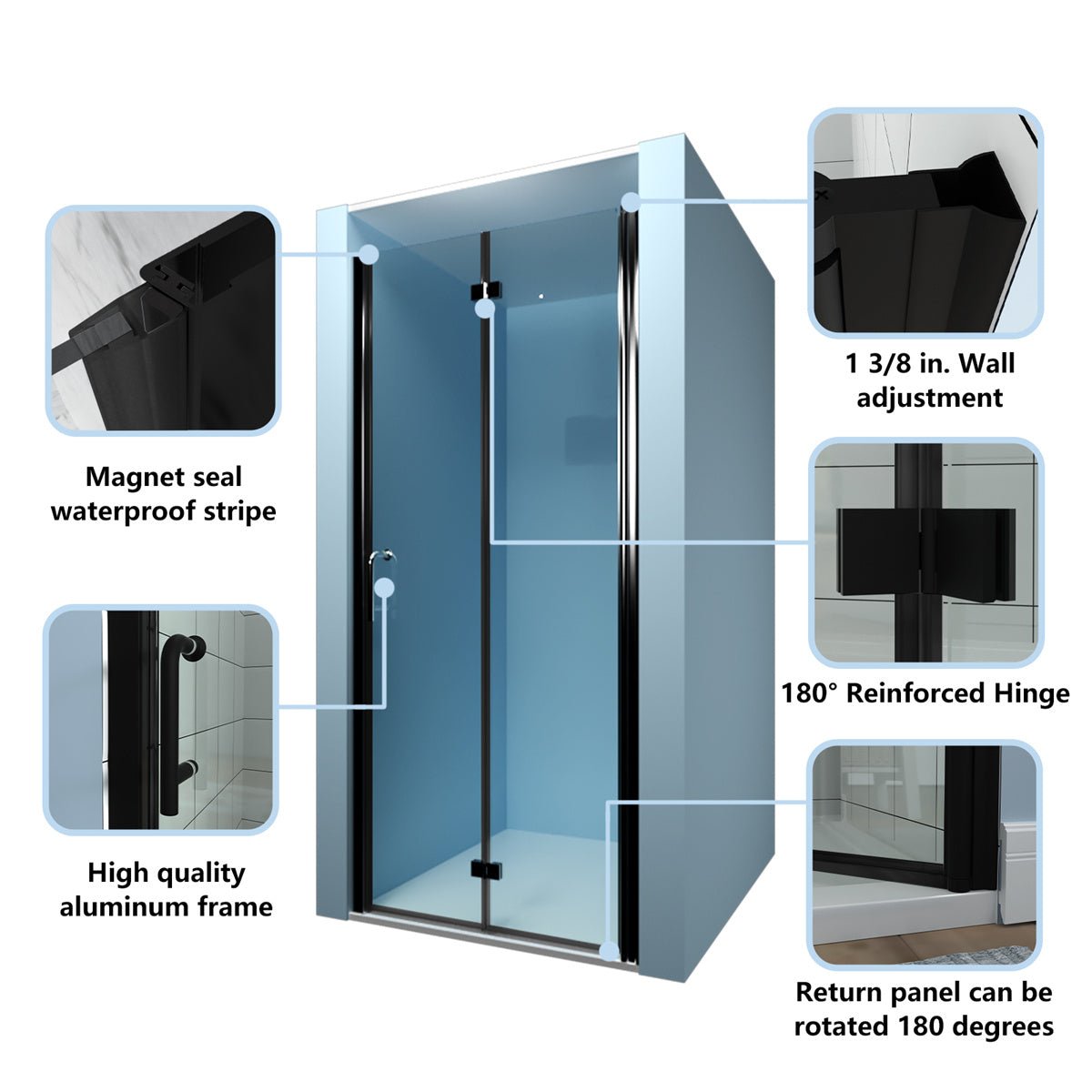 Exbrite Adapt Foldable Hinged Bathtub Glass Door 30-31 in.W x 72 in.H Pivot Swing Shower Doors,Matte Black,Tempered Shower Glass