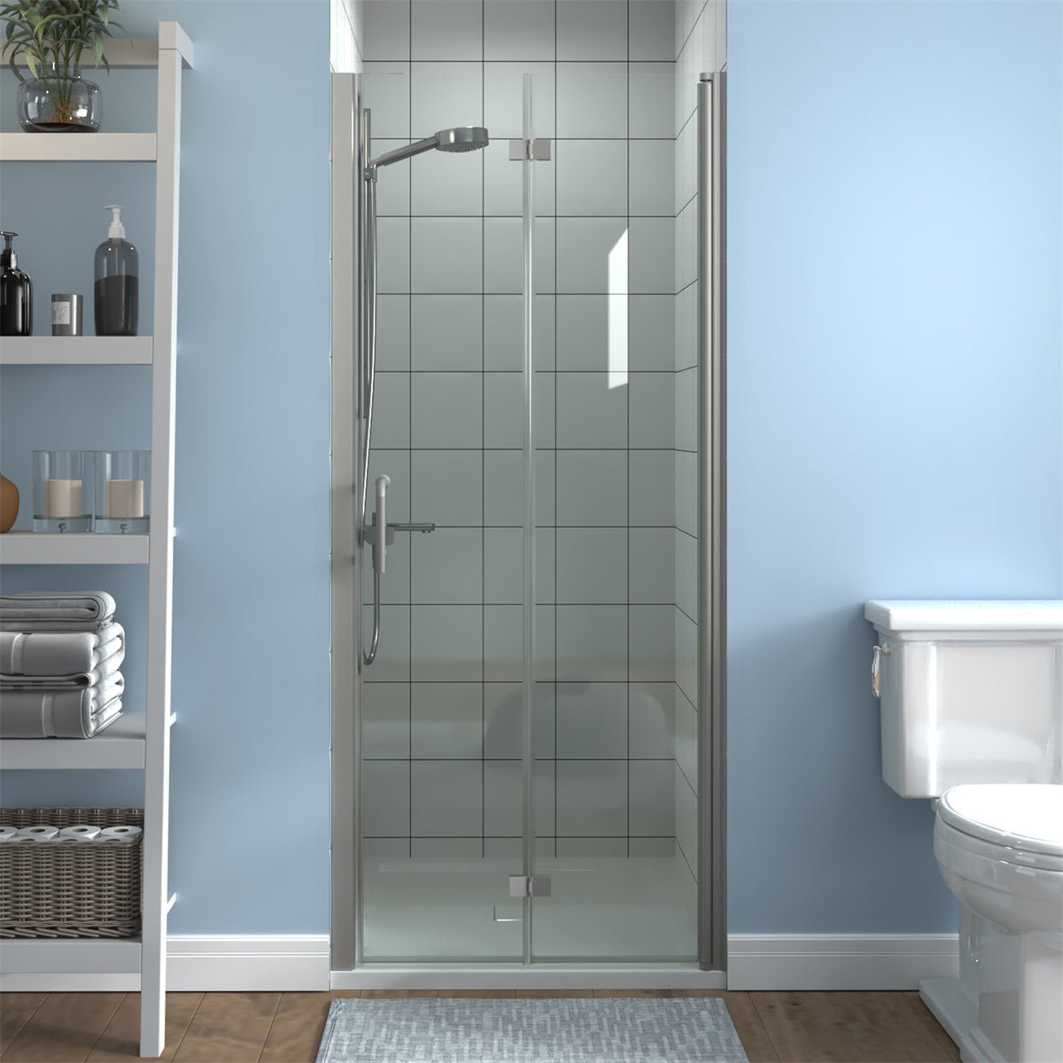 Exbrite Adapt Bifold Shower Door 32-33 in.W x 72 in.H Pivot Swing Shower Doors,Brushed Nickel,Tempered Glass