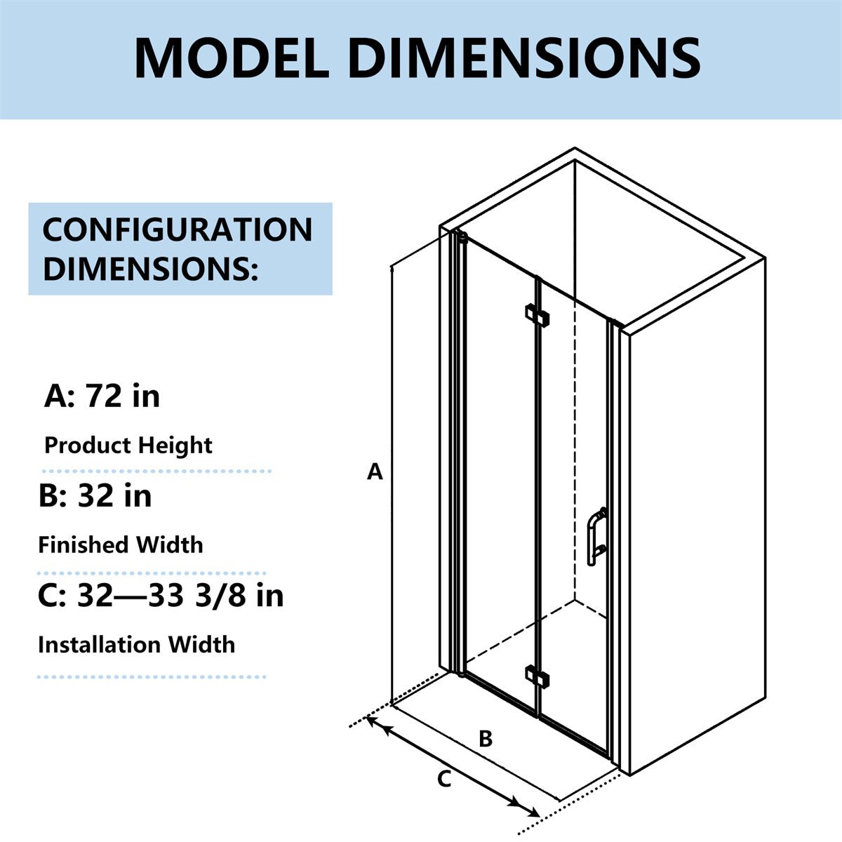 Exbrite Adapt Foldable Hinged Bathtub Glass Door 32-33 in.W x 72 in.H Pivot Swing Shower Doors,Chrome,Clear Tempered Shower Glass