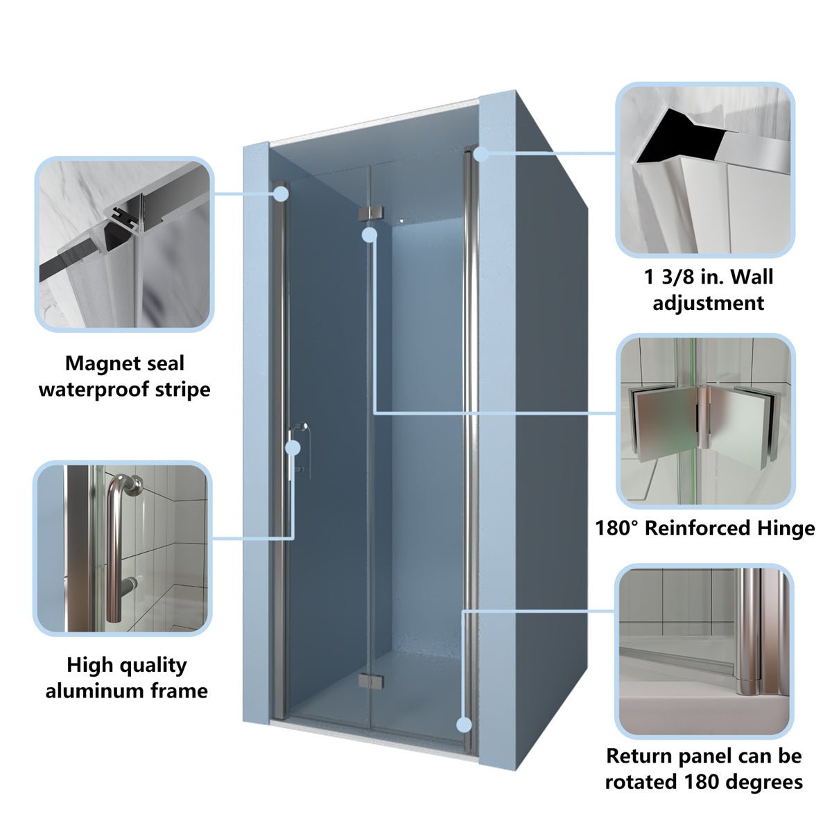 Exbrite Adapt Foldable Hinged Bathtub Glass Door 32-33 in.W x 72 in.H Pivot Swing Shower Doors,Chrome,Clear Tempered Shower Glass