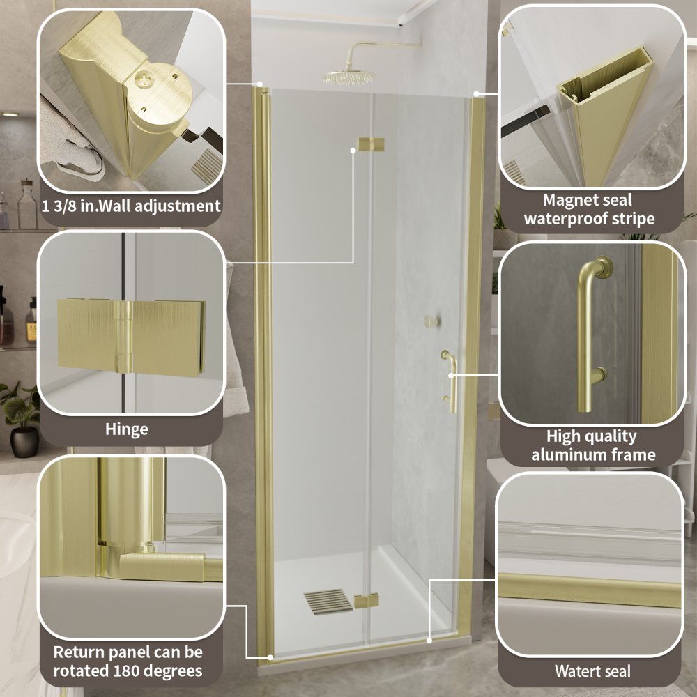 Adapt Bifold Frameless Glass Shower Door 30-31.3in.W x 72in.H Pivot Swing Custom Shower Doors with Clear Tempered Shower Glass Panel,Gold