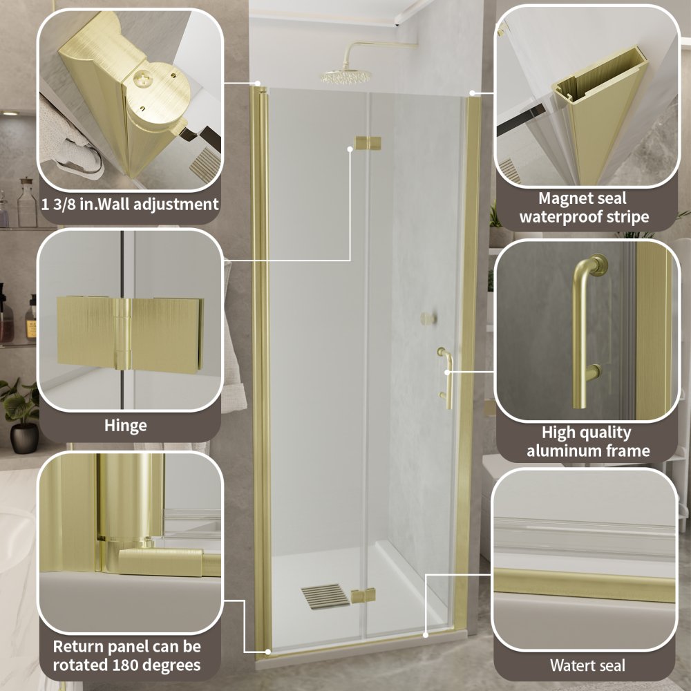 Adapt Bifold Frameless Glass Shower Door 32-33.3in.W x 72in.H Pivot Swing Custom Shower Doors with Clear Tempered Shower Glass Panel,Gold