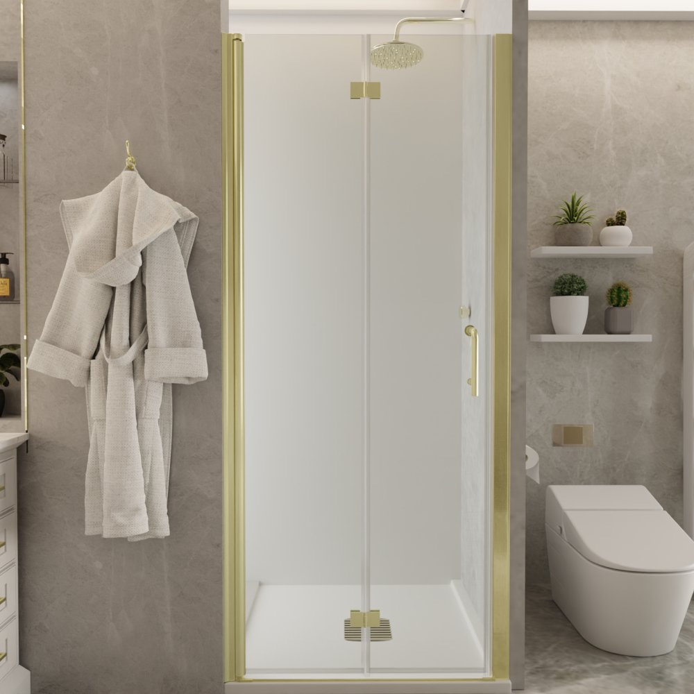 Adapt Bifold Frameless Glass Shower Door 32-33.3in.W x 72in.H Pivot Swing Custom Shower Doors with Clear Tempered Shower Glass Panel,Gold