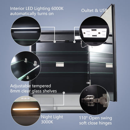 Ample 48" W x 32" H Bathroom Medicine Cabinet with Mirror and Lights Recessed or Surface Mount,Defog