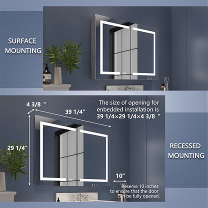 Boost-M1 40" W x 30" H Light Medicine Cabinet Recessed or Surface Mount Framed Aluminum Adjustable Shelves Vanity Mirror Cabinet