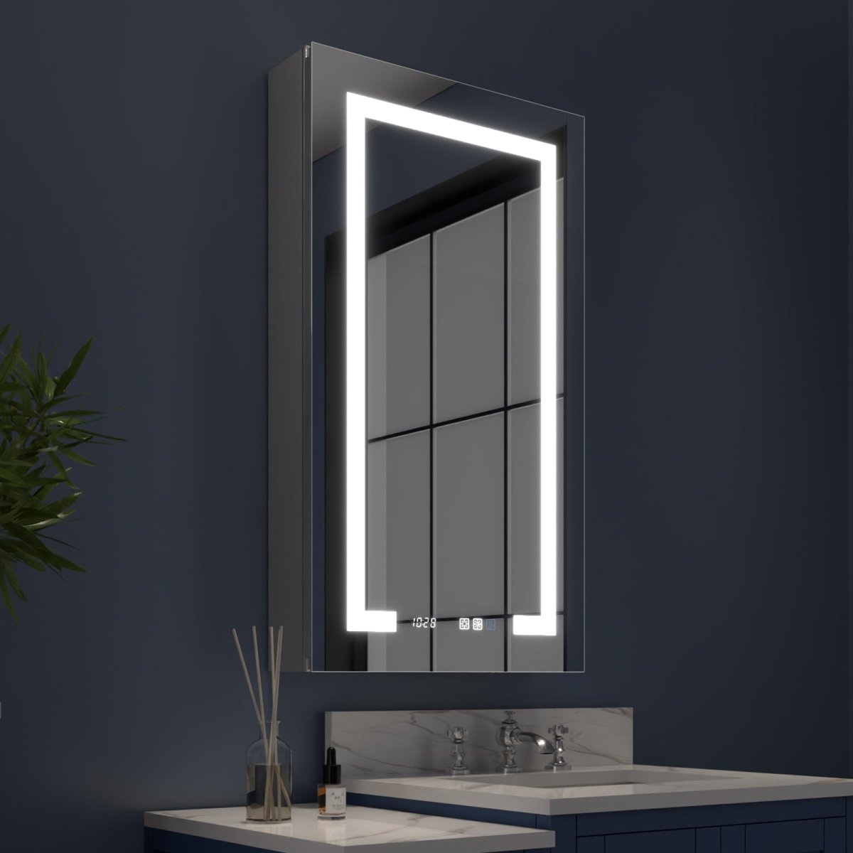 Boost-M2 20" W x 36" H LED Lighted Bathroom Medicine Cabinet with Mirror and Clock, Right Hinge