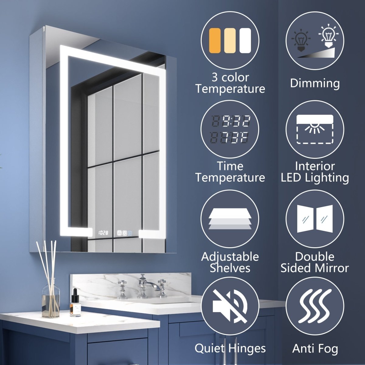 Boost-M2 24" W x 32" H LED Lighted Bathroom Medicine Cabinet with Mirror and Clock, Right Hinge