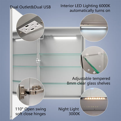 Boost-M2 24" W x 36" H LED Lighted Bathroom Medicine Cabinet with Mirror and Clock