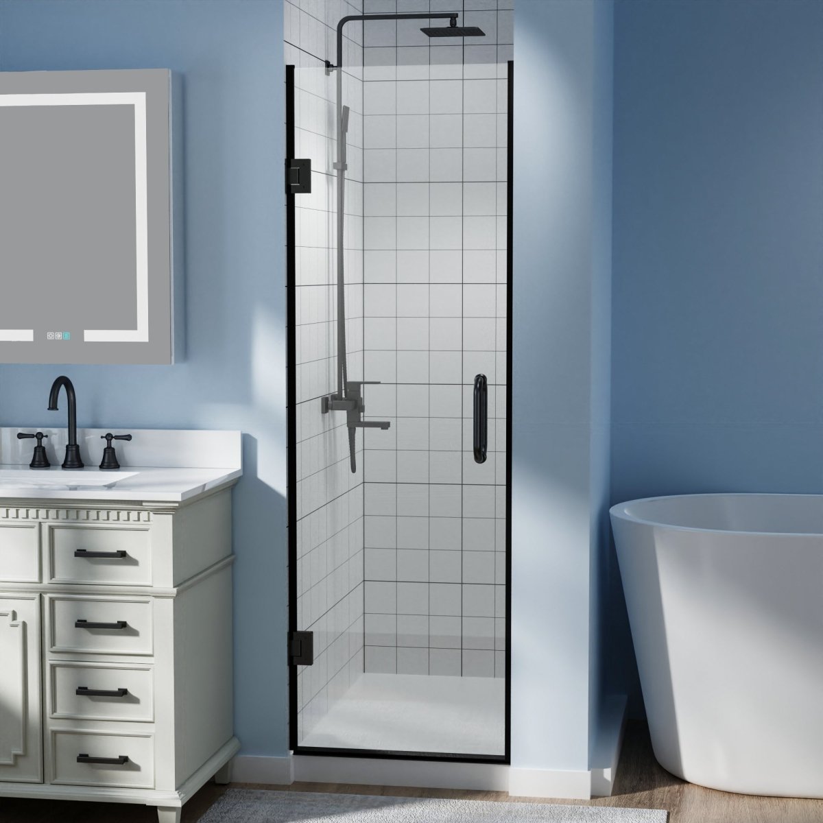 Hinges Shower Door 24in.W x 72in.H Semi-Frameless Hinged Shower Door,Shower Room Glass Door with Clear Tempered Shower Glass Panel,Black