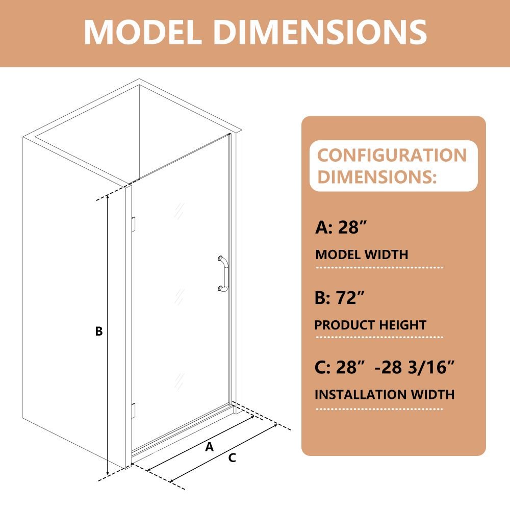 Gemini Shower Door 28in.W x 72in.H Semi-Frameless Hinged Shower Door,Shower Room Glass Door with Clear Tempered Shower Glass Panel,Black