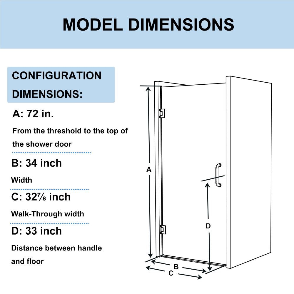 Gemini Shower Door 34in.W x 72in.H Semi-Frameless Hinged Shower Door,Shower Room Glass Door with Clear Tempered Shower Glass Panel,Chrome