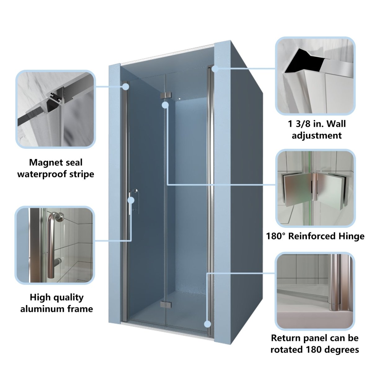 Exbrite Adapt Foldable Hinged Bathtub Glass Door 34-35 in.W x 72 in.H Pivot Swing Shower Doors,Chrome,Clear Tempered Shower Glass