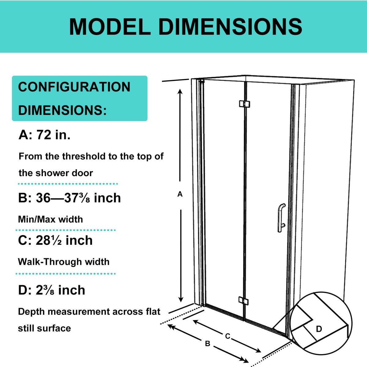 Exbrite Adapt Foldable Hinged Bathtub Glass Door 36-37 in.W x 72 in.H Pivot Swing Shower Doors,Brushed Nickel,Clear Tempered Glass