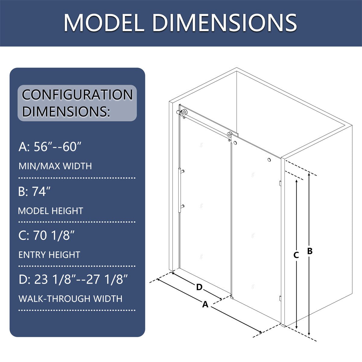 Anchor 56-60 in. W x 74 in. H Frameless Tall Shower Door Sliding Walk-in Shower Design with 8mm thick Clear Glass,Black