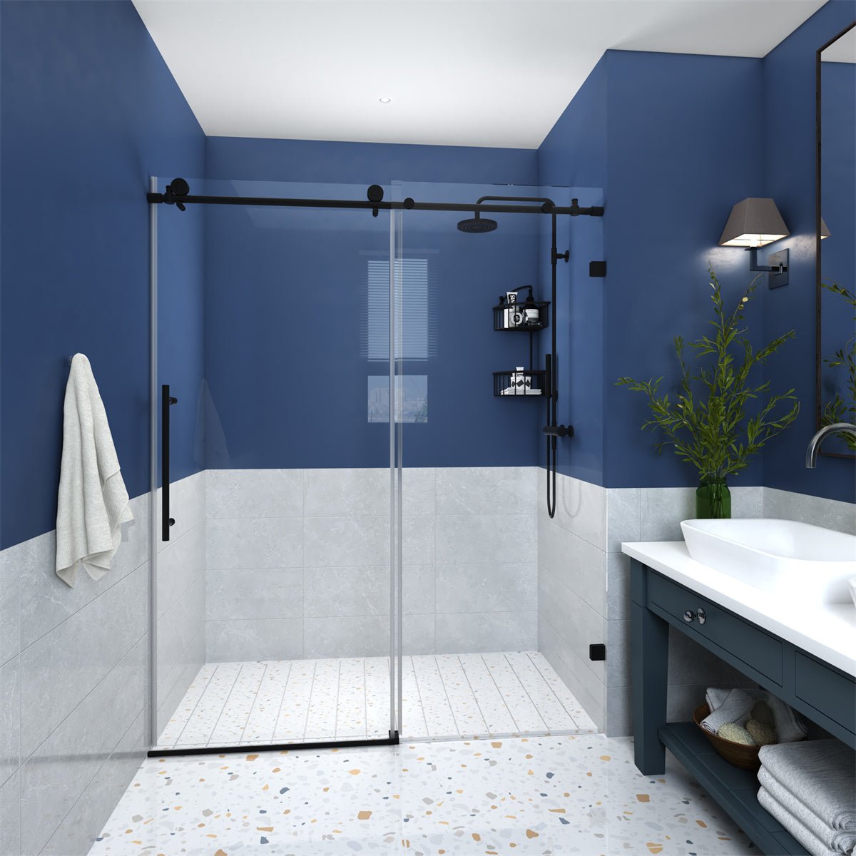Anchor 56-60 in. W x 74 in. H Frameless Tall Shower Door Sliding Walk-in Shower Design with 8mm thick Clear Glass,Black