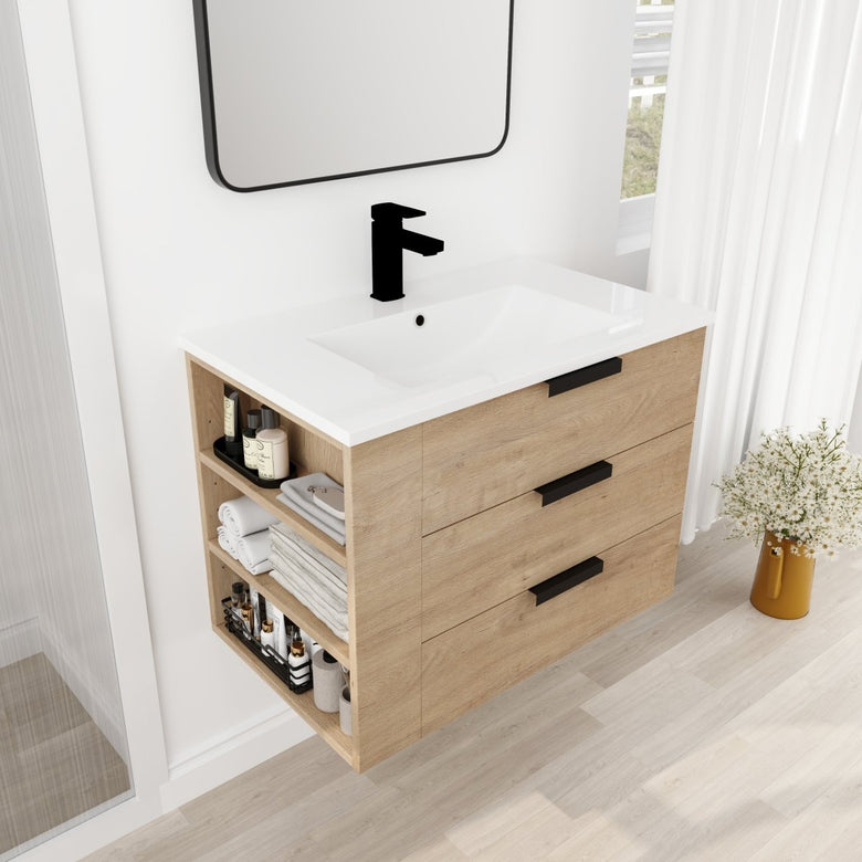 ExBrite 30" Oak Bathroom Vanity With Top Adjustable Side Shelf