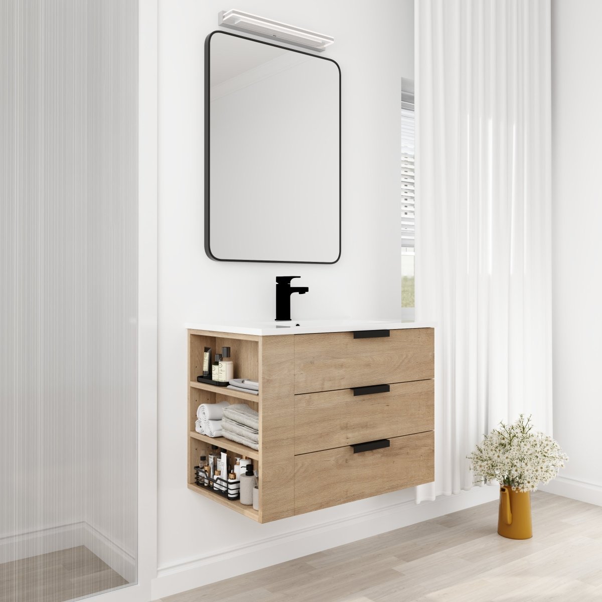 ExBrite 30" Oak Bathroom Vanity With Top Adjustable Side Shelf