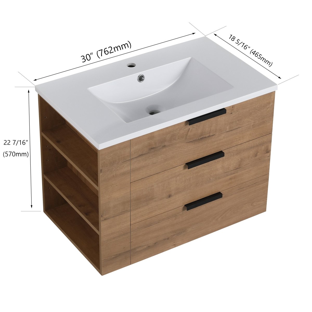 ExBrite 30" Oak Bathroom Vanity With Top Adjustable Side Shelf