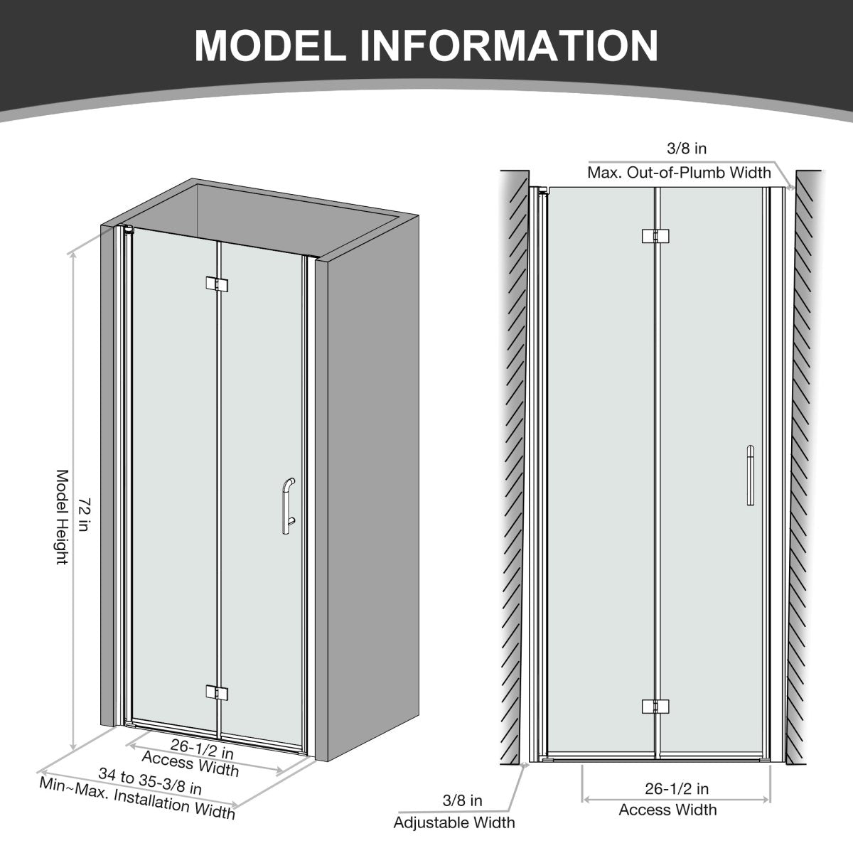 Exbrite Adapt Bifold Shower Door 34-35 in.W x 72 in.H Pivot Swing Shower Doors,Chrome,Clear Tempered Shower Glass