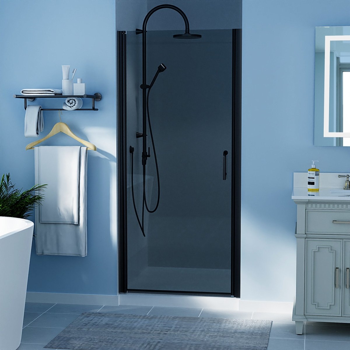 Chic 34-35 1/2" W x 72" H Pivot Semi-Frameless Shower Door Matte Black Frosted Glass Shower Door with Handle