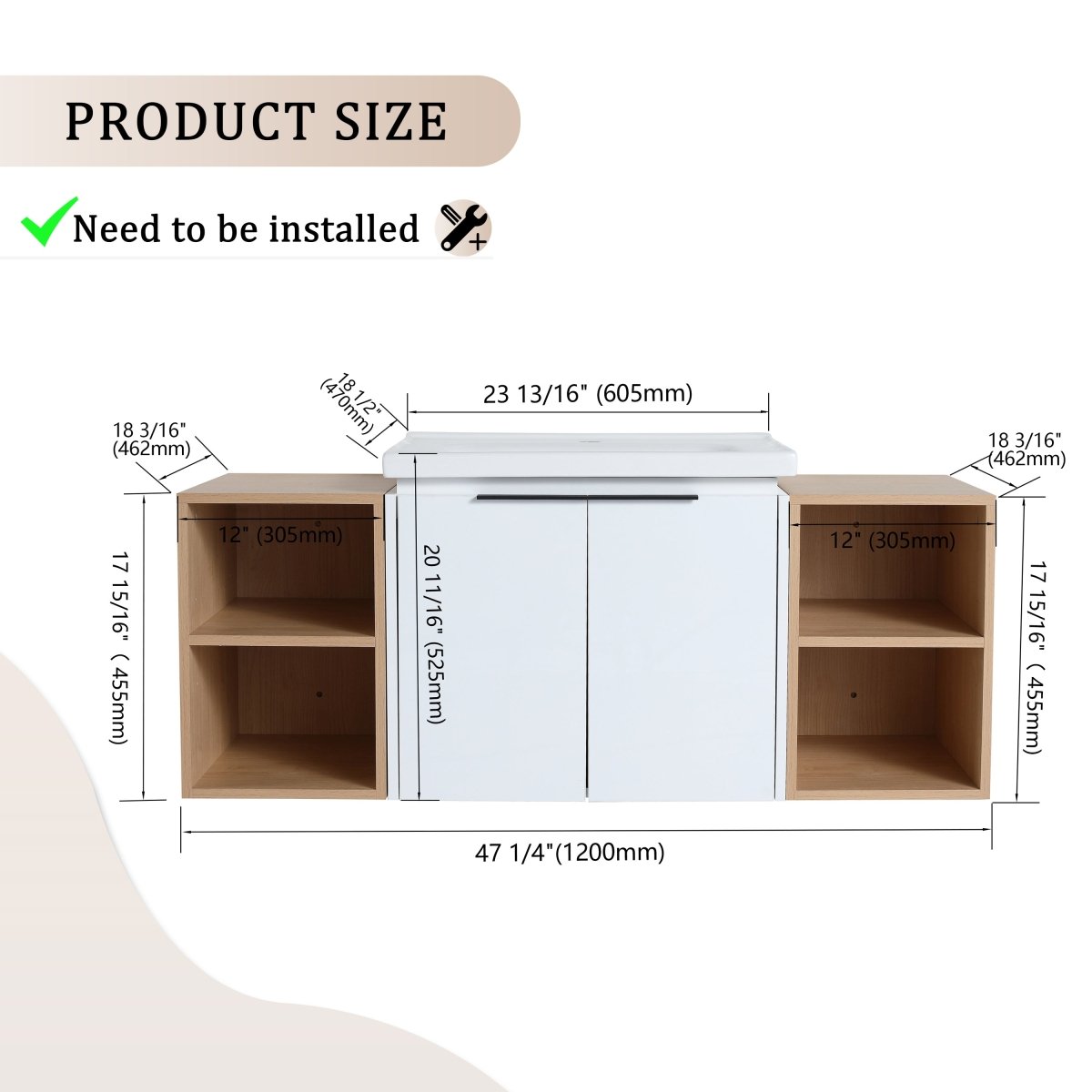 ExBrite 48 Inch Soft Close Doors Bathroom Vanity With Sink, and Two Small Storage Shelves