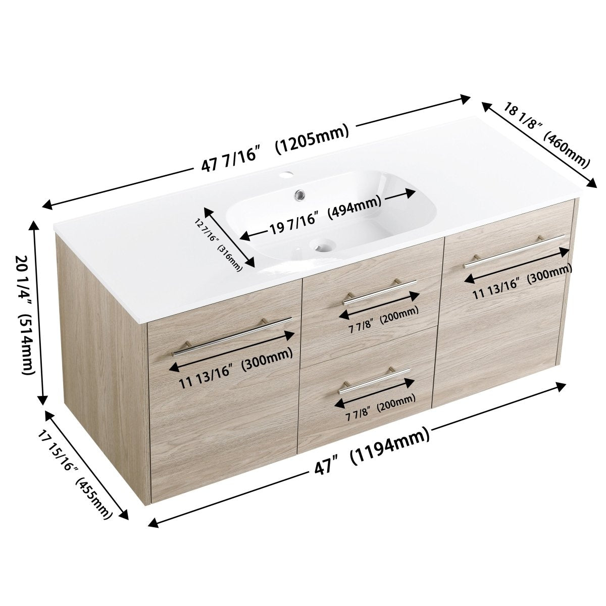 ExBrite 48 Inch Wall Mounted Bathroom Vanity