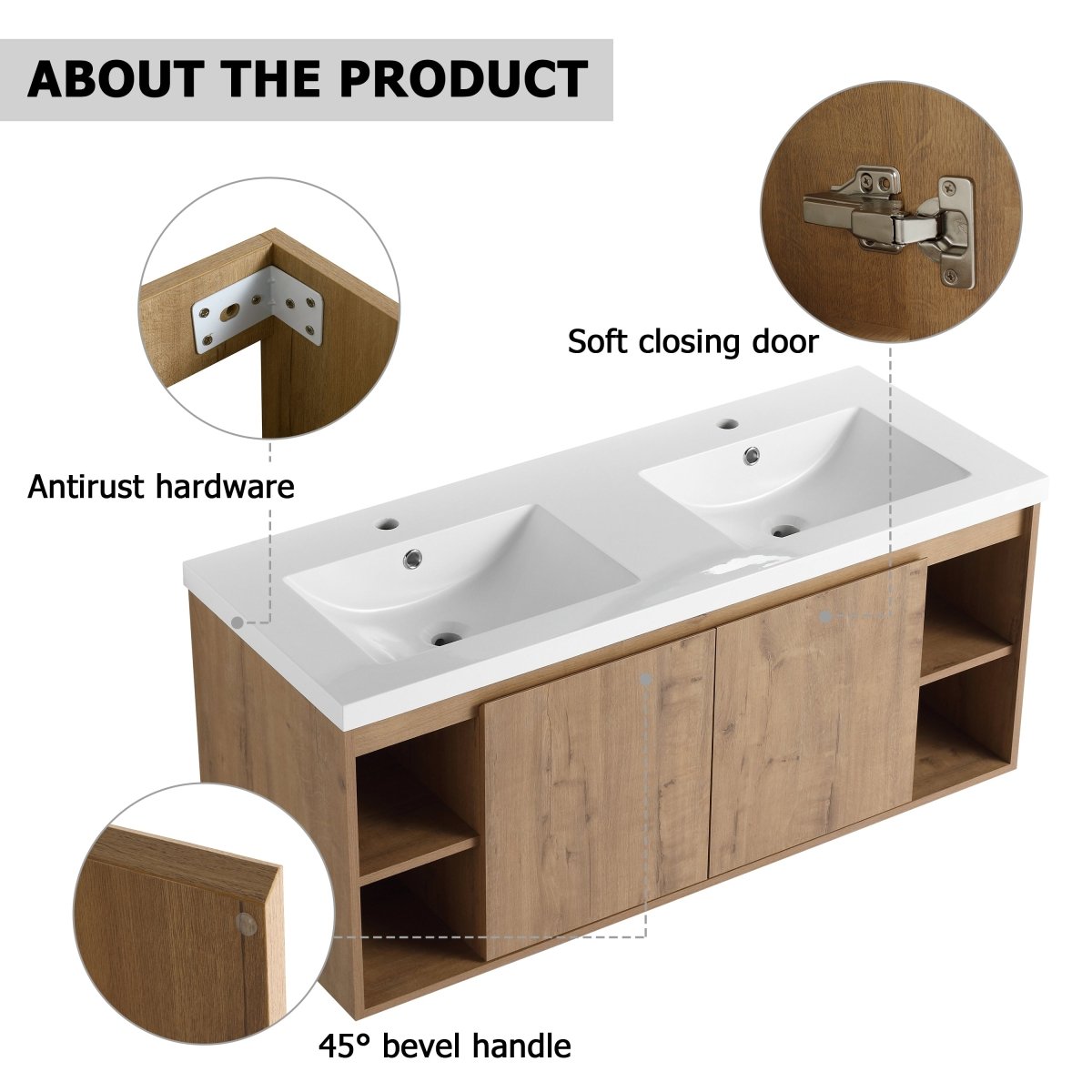 ExBrite 48" Wall Mounted Bathroom Vanity With Double Sink, Soft Closing Door Hinge