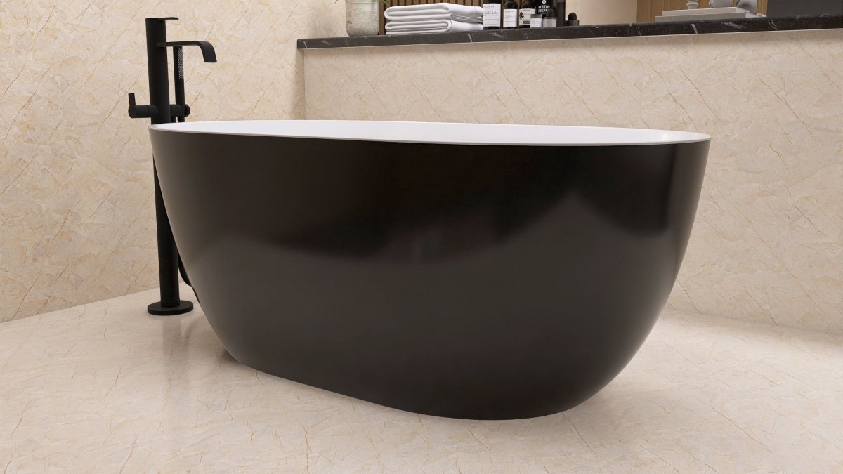 ExBrite 59" Acrylic Bathtub Free Standing Tub Oval Shape Soaking Tub Adjustable Freestanding Chrome Pop-up Drain Anti-clogging Black