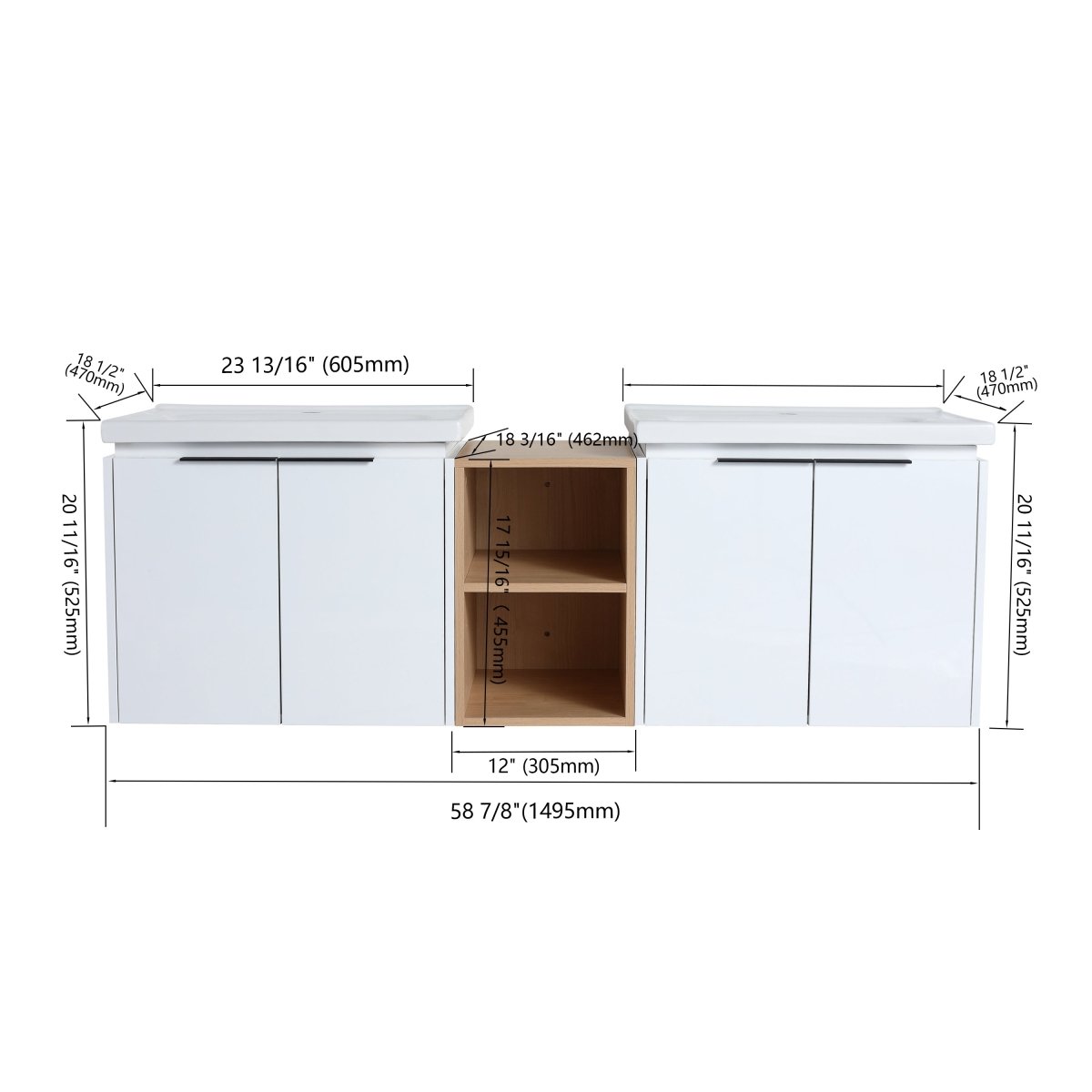 ExBrite 60 Inch Soft Close Doors Double Sink Bathroom Vanity Small Storage Shelves