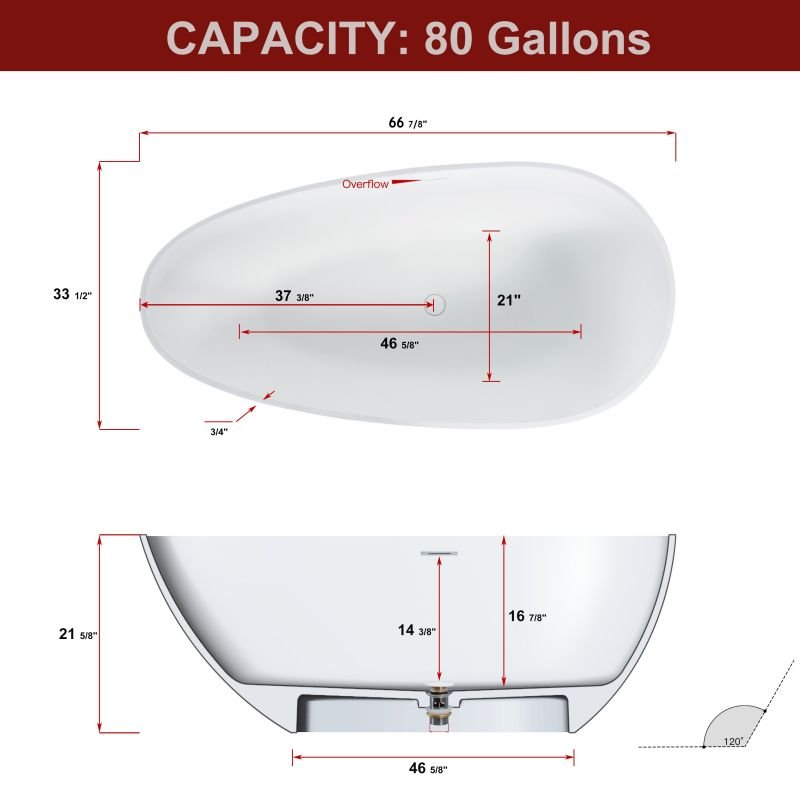 Exbrite 66.88"L x 33"W x 21"H Matte White Contemporary Stone Resin Flatbottom Freestanding Soaking Bathtub with Overflow in Matte White, cUPC Certified