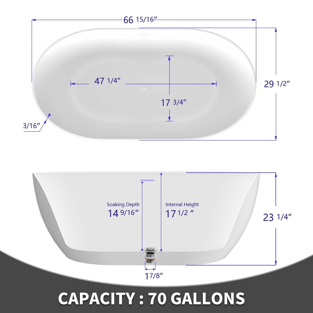 ExBrite 67" Bathtub Acrylic Free Standing Tub Classic Oval Shape Soaking Tub Gloss White