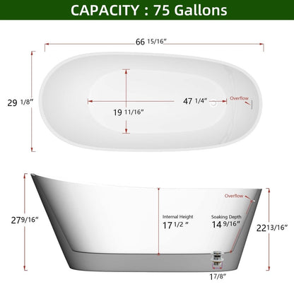 ExBrite Bathtub 67" Acrylic Free Standing Tub Classic Oval Shape Soaking Tub, Adjustable Freestanding Gloss White