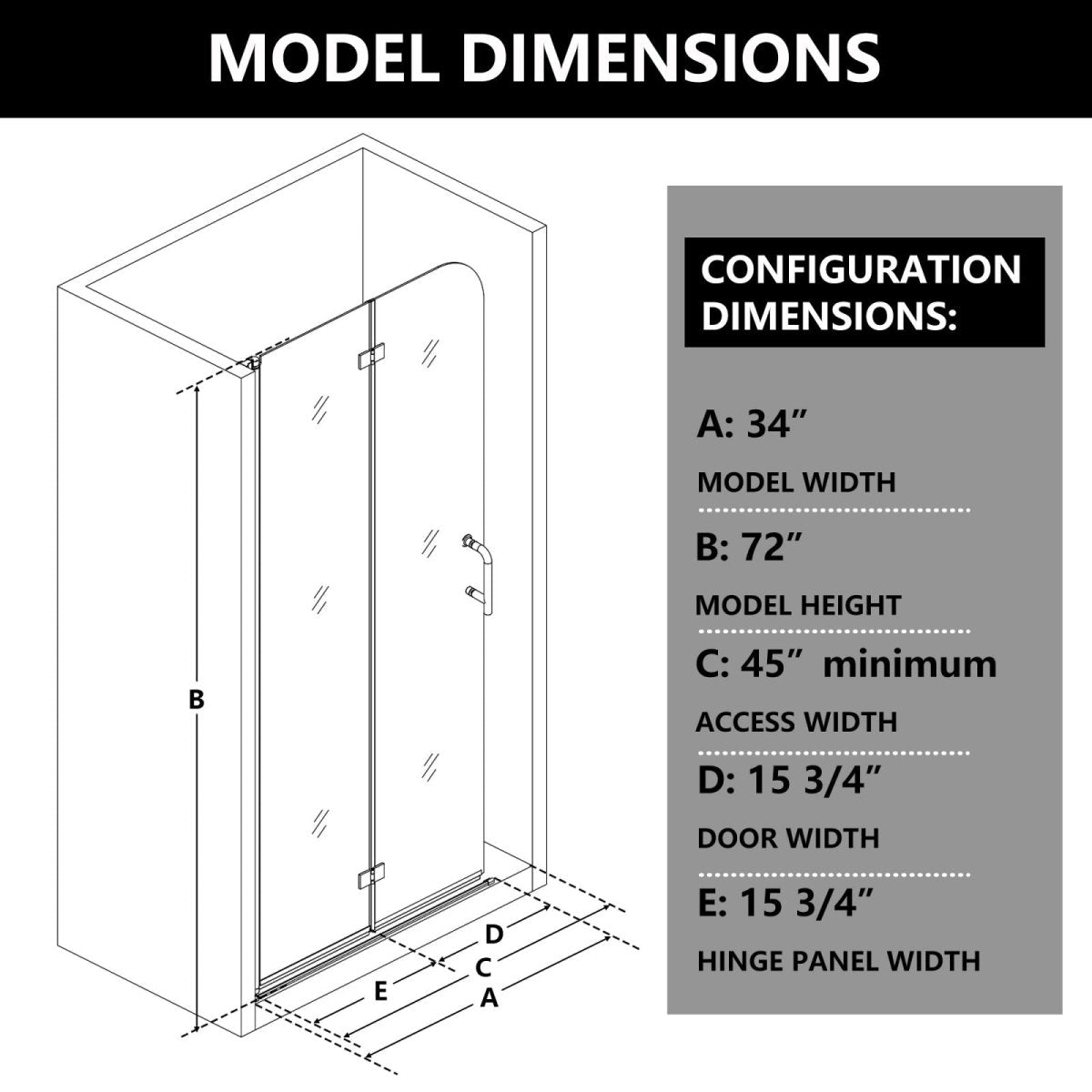 Aero 34 in.W x 72 in.H Foldable Hinged Bathtub Glass Door,Chrome Finish,Pivot Swing Shower Doors,1/4 in.Fold Clear Glass