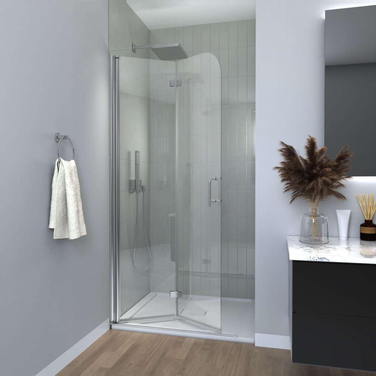 Aero 34 in. W x 72 in. H Bi Folding Bathroom Door Glass Shower Door, Chrome Finish,Pivot Swing Shower Doors,1/4 in.Fold Clear Glass Panel