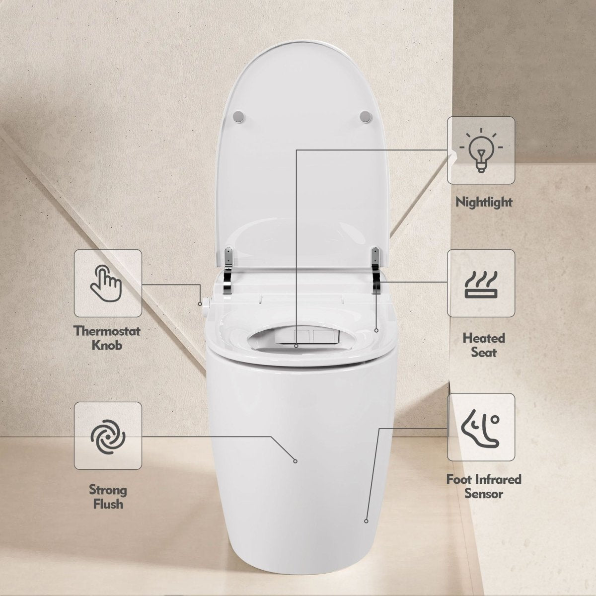 ExBrite Heated Seat Smart Toilet, Automatic Flush Tank, Foot sensor Flush, Night Light, Knob Control, Power Outage Flushing, Soft Close