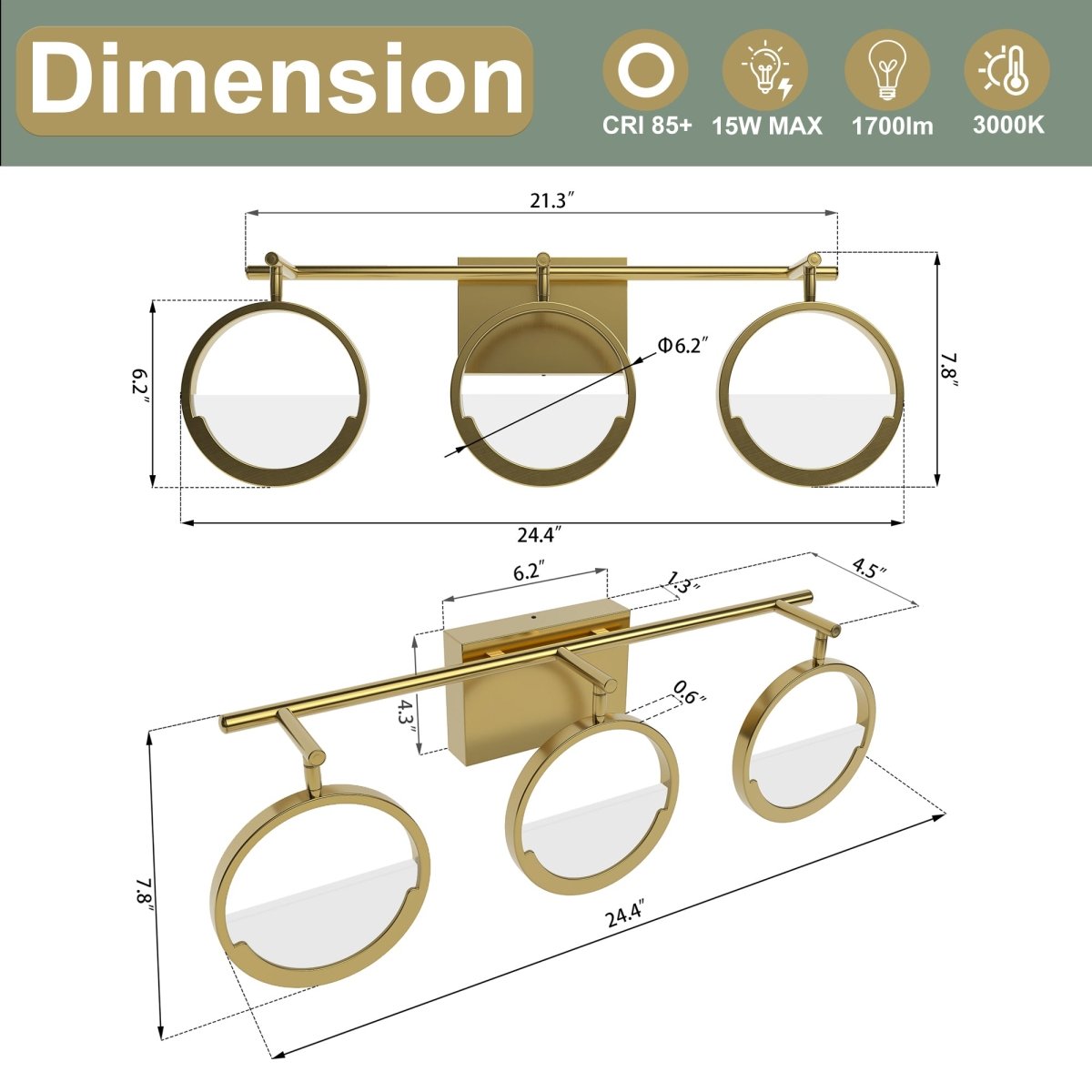 ExBrite TRIO Modern Simplicity LED Vanity Light with Rotatable Heads and Dimmable Brightness, Gold