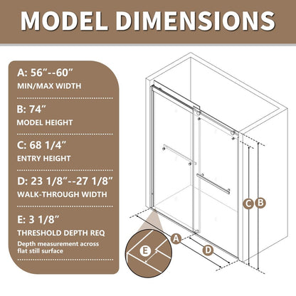 Glide 56"-60" Width x 74" Height Sliding Shower Door,Clear Tempered Glass,Matte Black,Smooth Door Closing,Horizontal Handle