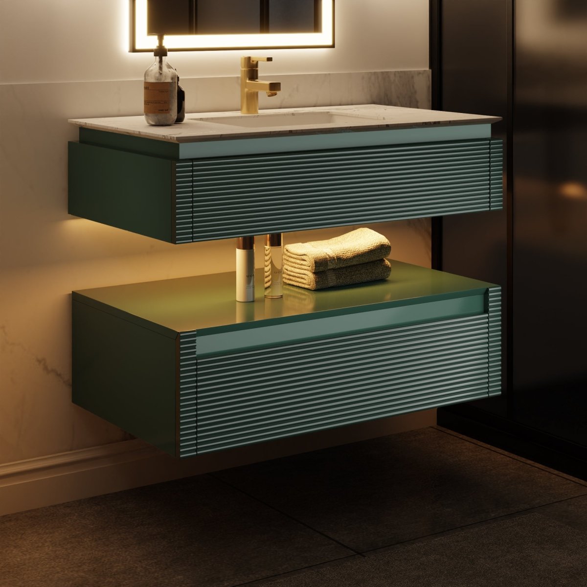 Segeo 36" Modern Solid Oak Floating Bathroom Vanity Cabinet Green with Lights and Marble Countertop